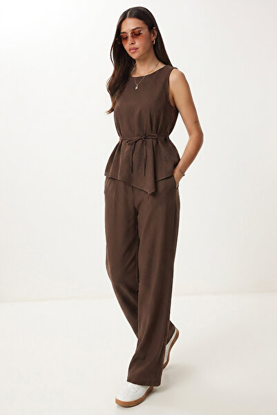 Lovelyİstanbul Asymmetrical Linen Suit with Tie Detail Lby0057 Brown