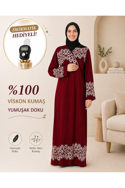 Bilenler Patterned Prayer Robe Viscose Fabric with Zikirmatik Gift – Side Tie