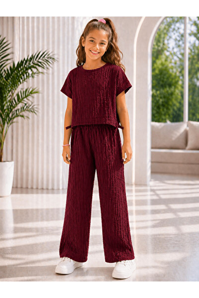 DUBAİ ÇOCUK Girl's Summer Top and Bottom Set Linen Seersucker Fabric Comforta...