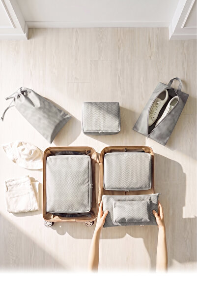 Ocean Home Textile Set de 7 organizatoare de valiză gri cu model picior de pe...