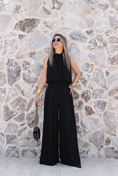 bytugcekaya Siyah Boyundan Büzgülü Bluz Pantolon Takım