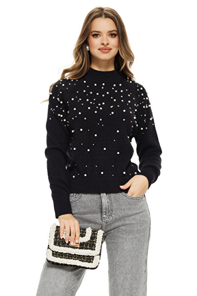 Fofy Elegant black women's sweater with pearl and rhinestone applications