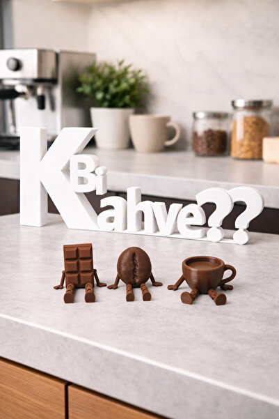PRİNTELLA Bi Kahve? Dekoratif Yazı + Sallanan Ayaklı 3’lü Figür Seti Kahve Kö...