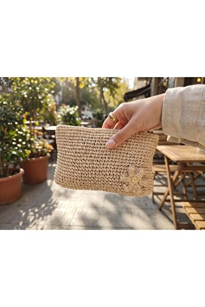 Meya design Women's Natural Paper Thread Hand Knitted Zippered Portfolio Bag ...
