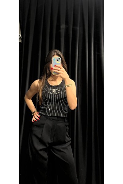 Liora Luxe Yeni Sezon Taşlı Siyah Crop Bluz | Gece & Davet Şıklığı