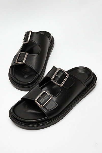 Tonny Black Women's Black Leather Comfortable Fit Double Buckle Non-Slip Slip...