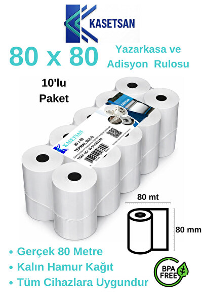 Kasetsan 80x80 Yazarkasa Pos Rulosu 10'lu Paket Termal Adisyon Kağıdı