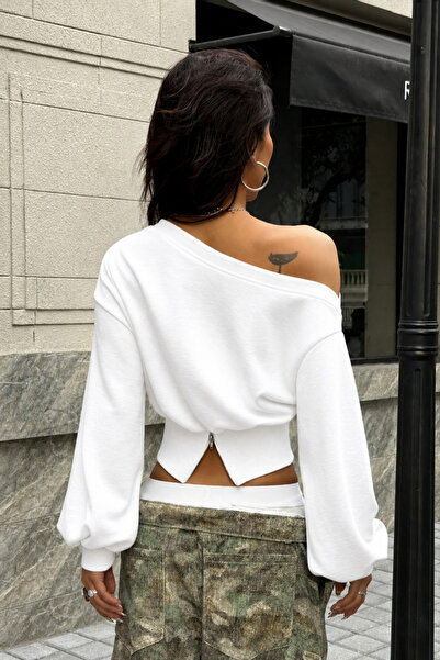 Tarz Cool Women's Asymmetrical Collar Crop Sweatshirt with Off-The-Shoulder D...