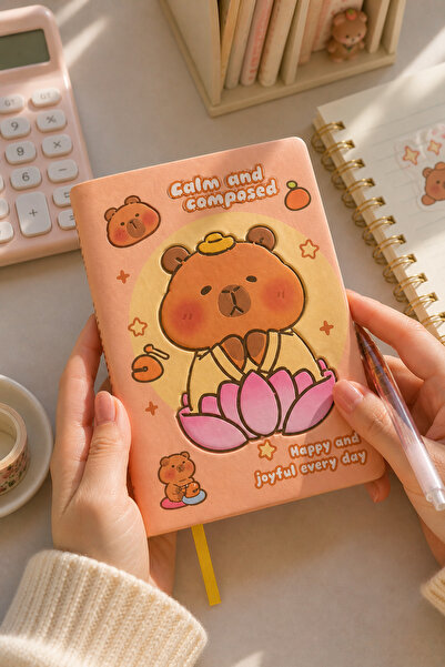 NaSaDAN Kapibara Desenli Puf Sukuşi A5 Çizgili Defter Sevimli Kawaii Not Deft...