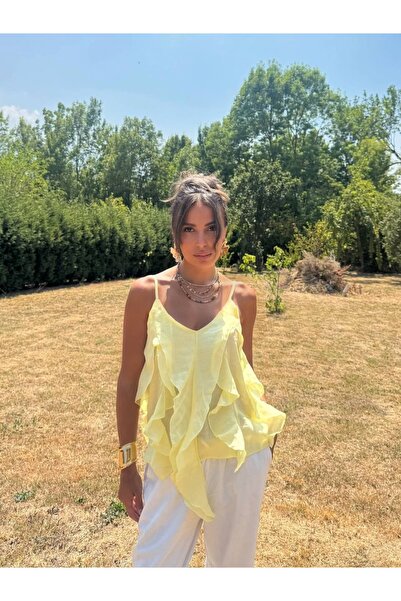 Belphine Sarı Fırfır Detaylı Askılı Bluz