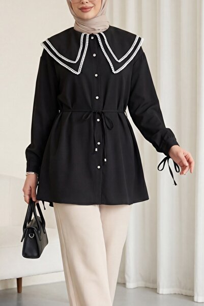 Modamorfo Poplin Tunic with Lace Collar, Tie at the Waist and Tie-Down Sleeve...