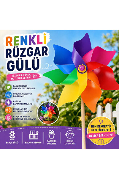 1DepoBu 35cm Rüzgar Gülü Ahşap Bahçe & Balkon Süsü Renkli Dönen Rüzgar Gülü