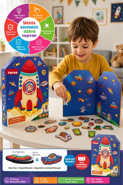 TOYFEST Puedo Manyetik Uzay Seti 70 Parça Eva Mıknatıslı Kitap Oyunu Eğitici ...
