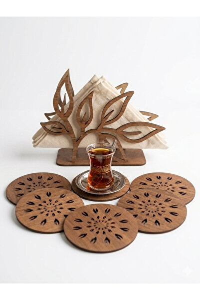 AS TASARIM LAZER Decorative Wooden Napkin Holder and Set of 6 Coasters