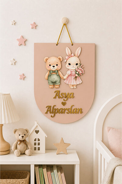 Güler Kaligrafi Kişiye Özel İkiz Bebek Odası Kapı Süsü Tavşan Ayıcık Figürlü ...