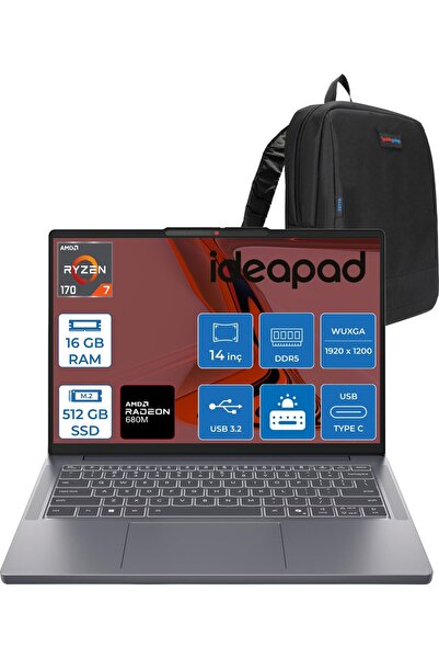 LENOVO Ideapad Slim 3 14ARP10 Amd Ryzen 7 170 16GB Ddr5 512GB SSD Radeon™ 680M Graphics 14" Wuxga (1920X1200) IPS 300NITS Freedos Taşınabilir Bilgisayar 83K6006JTRF02+ZETTAÇANTA