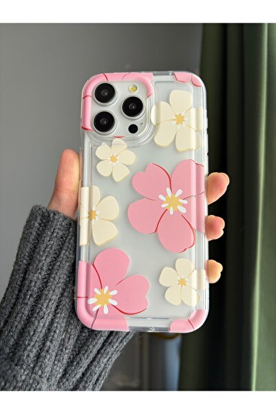 daystar İPhone 15 ile Uyumlu Pembe ve Krem Çiçek Desenli Şeffaf Telefon Kılıfı