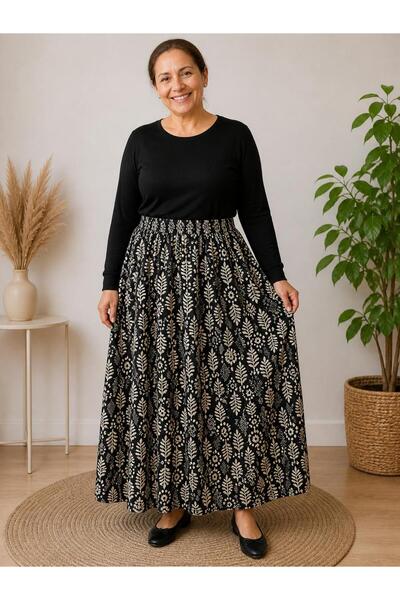 Kuraff Giyim Anne Waist Elastic Patterned Printed Fabric Printed Skirt
