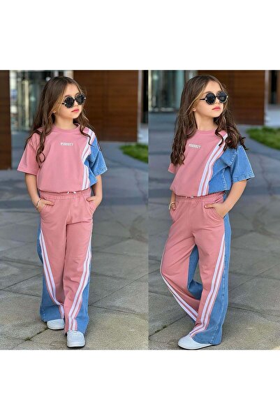 Bam Bam Perfect Kısa Kollu Kot Garnili Kız İkili Takım 5-14 Yaş -6492560 - PEMBE