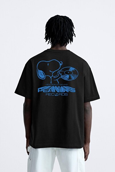 Gisha Crew Neck Peanuts Records Printed Oversize Black Men's T-Shirt
