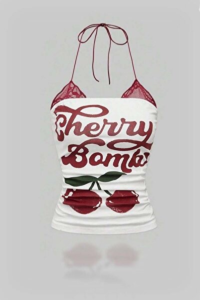 BALİNA Beyaz Cherry Bomb Dantelli Ek Askılı Crop