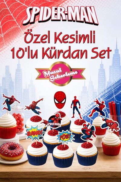 Masal Şekerleme Örümcek Adam Temalı 10'lu Özel Kesimli Kek Süsleme Kürdan Set...