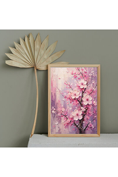 MiMi Store Pembe Çiçekli Ağaç Yağlı Boya Dokulu Kanvas Tablo – Modern Romanti...