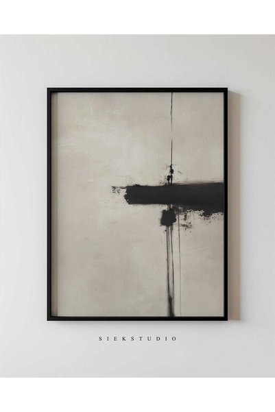 NinaStore Modern Soyut Minimalist Cesur Siyah Fırça Boyama - Siyah ve Bej Duv...