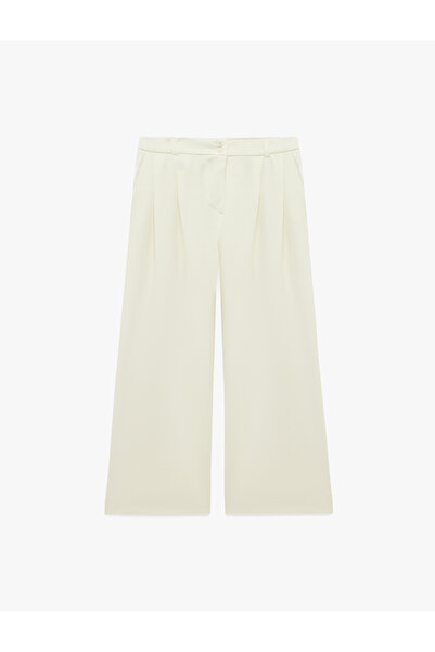 Koton Buttoned Regular Waist Viscose Blend Straight Leg Pleated Trousers