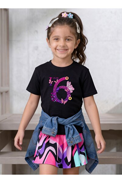 Funkaar Birthday Girl, 6th Year Butterfly Birthday Graphic Print T-Shirt