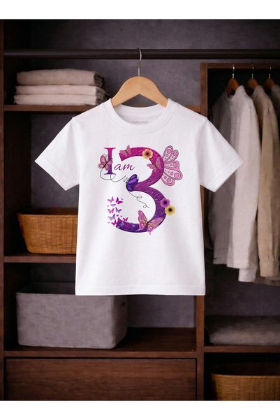 Funkaar Birthday Girl, 3rd Year Butterfly Birthday Graphic Print T-Shirt