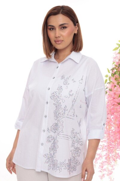 JERFİ Women's Plus Size Eiffel Tower and Stone Printed Poplin Fabric Shirt