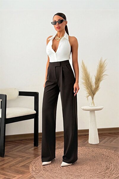 GİYESA Women's Brown High Waist Palazzo Pants Wide Leg Stylish Office and Casual Trousers