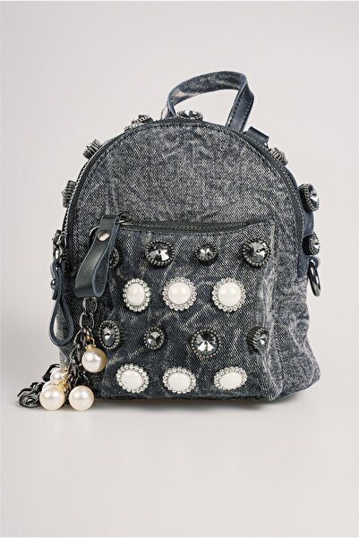 Karşıyaka Bijuteri Stone Detailed Denim Mini Women's Backpack Black Blue Styl...