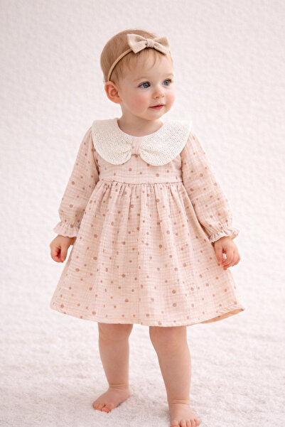 LilCrown Kids Lil'Crown Kids Kız Bebek Pudra Puantiyeli Dantel Yakalı Elbise