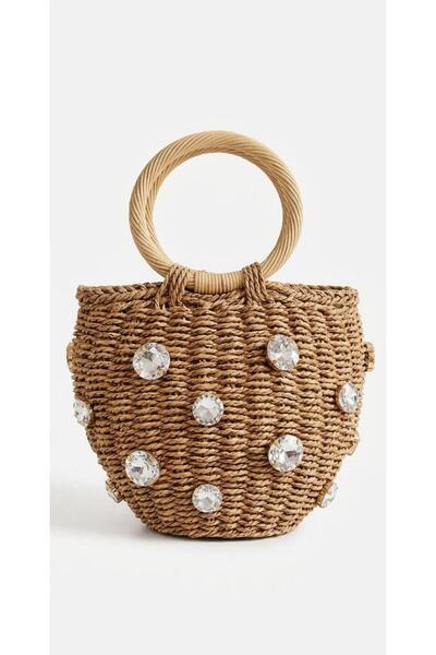 VİENCA Stone Embellished Straw Round Handle Stylish Beach and Daily Handbag Tan