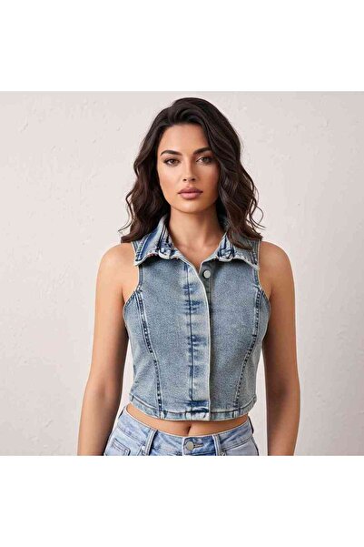 Orvelia Halter Yaka Vintage Yıkama Denim Yelek Büstiyer Vesta Halter Yaka Vin...