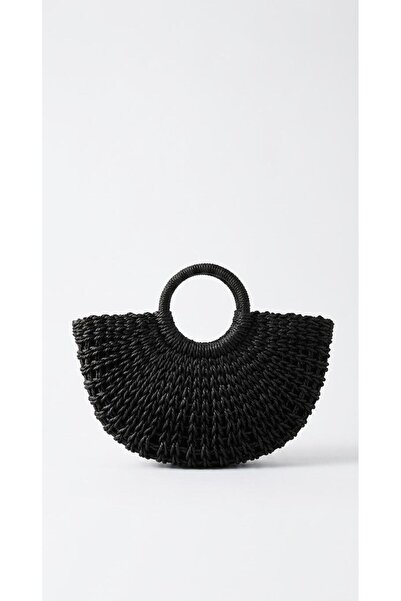 VİENCA Black Straw Round Handle Detailed Half Moon Beach and Daily Handbag