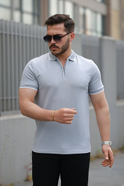 Efnaz style تي شيرت رجالي بأكمام قصيرة وياقة بسحاب وتفاصيل خطية
