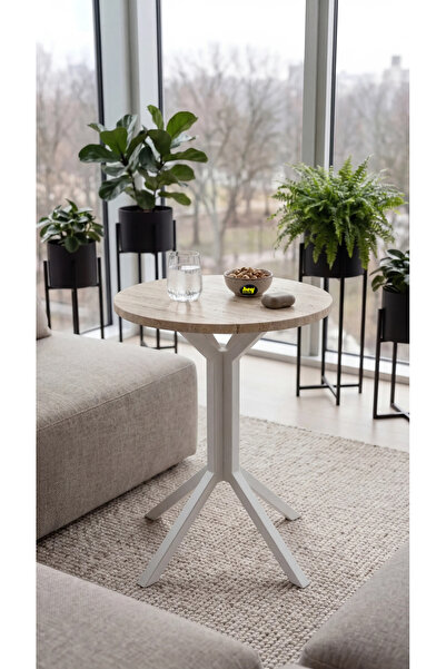 hey modüler mobilya Yıldız Yuvarlak Traverten 50 cm Balkon Masası Yan Sehpa M...