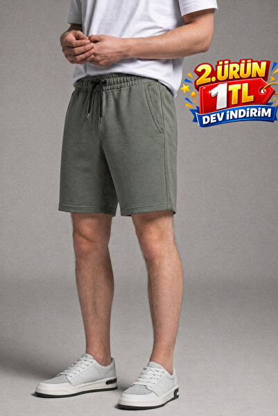 DAMGA JEANS Ανδρικό βαμβακερό βασικό σορτς χακί με ελαστική μέση και τσέπες