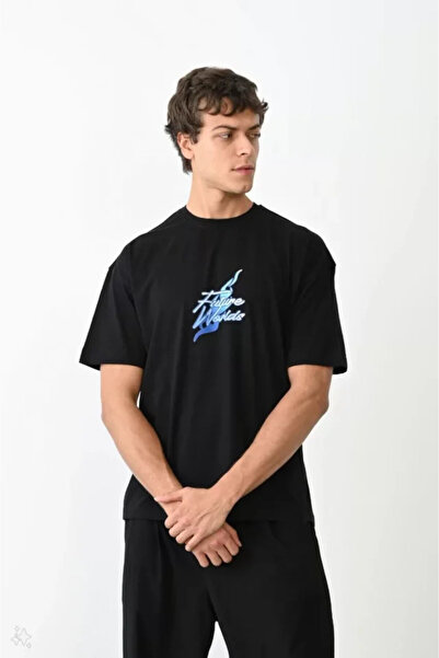 Efnaz style Unisex Crew Neck Printed Oversize T-Shirt - Black