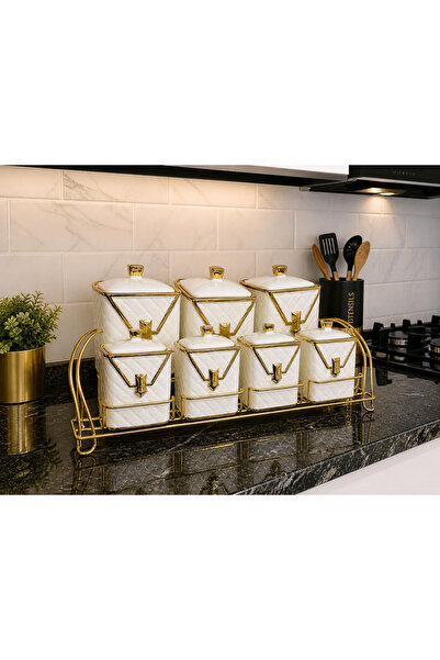 Defne Kitchen Porselen 7 Parça Standlı Gold Detaylı Baharat Seti