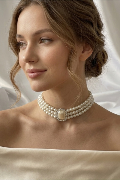 Happyline Cam İncili Sedefli Gold Kaplama Tasma Taşlı Choker Kolye Özel Tasar...