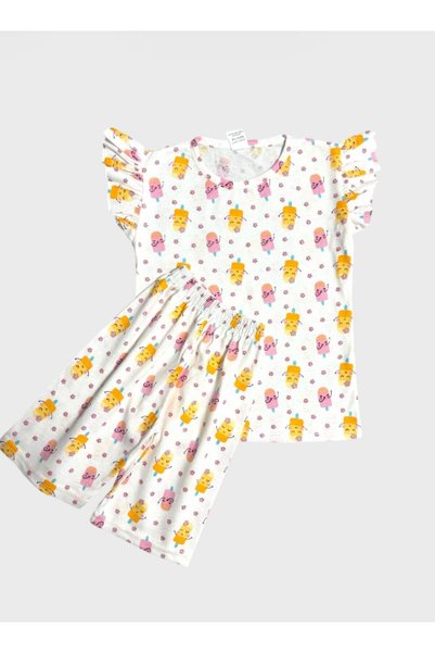 ALİŞ KİDS Girls Cotton White Floral Print Ruffle Sleeves Short Sleeve Shorts Summer Pajama Set