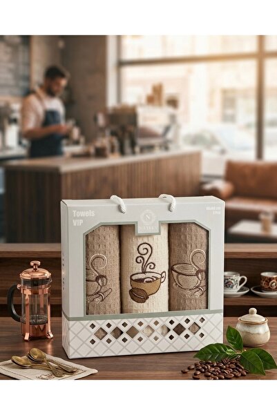 Febo Collection Premium VIP Kutu 3'lü Nakışlı %100 Pamuk Mutfak Havlu ve Peçe...