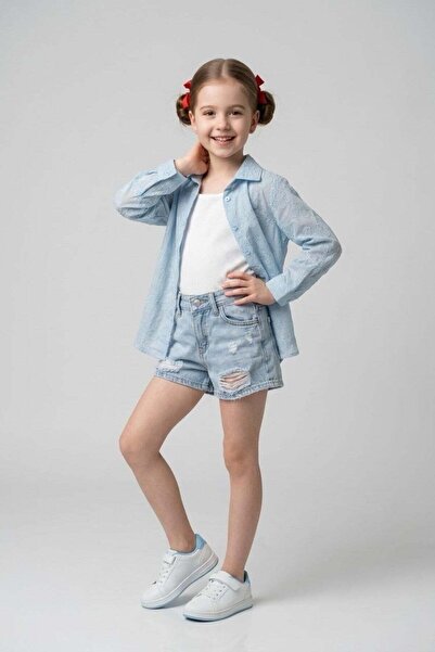 Cuties Kız Çocuk 3-14 Yaş Yırtık Detaylı Denim Şort Kot Mavi
