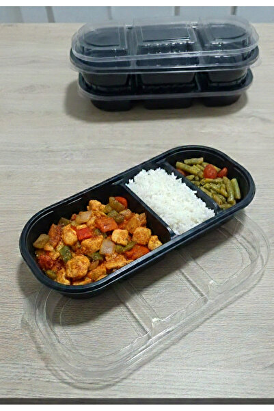 BSGSHOP 3 Bölmeli Siyah Yemek Servis Kabı ve Şeffaf Kapak Seti - Sızdırmaz Ki...
