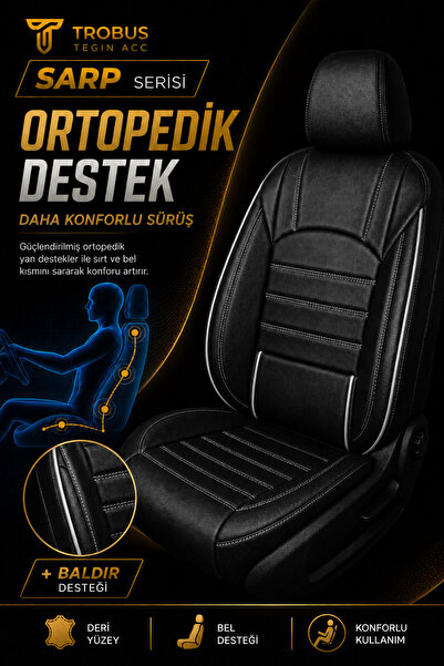 TROBUS Volkswagen Taigo 2022+ Sarp Serisi Deri Lakost Bel Destekli Koltuk Kılıfı Siyah Beyaz