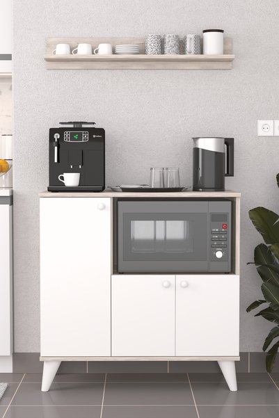 PROMODÜL Çok Amaçlı Mutfak Dolabı - Mikrodalga Raflı Beyaz - Denizci Meşesi R...